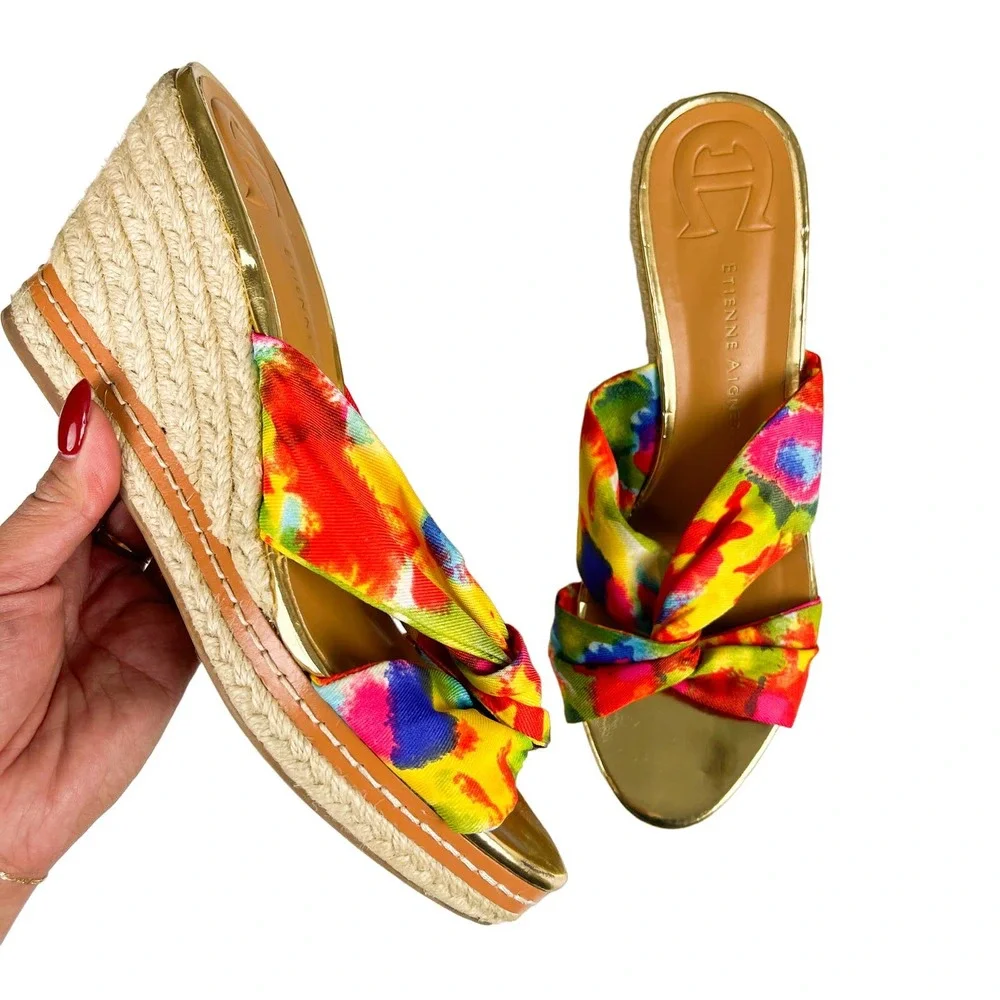Etienne Aigner 8 Krista Watercolor Tie Dye Espadrille Wedge Sandals 3.5” Heel
